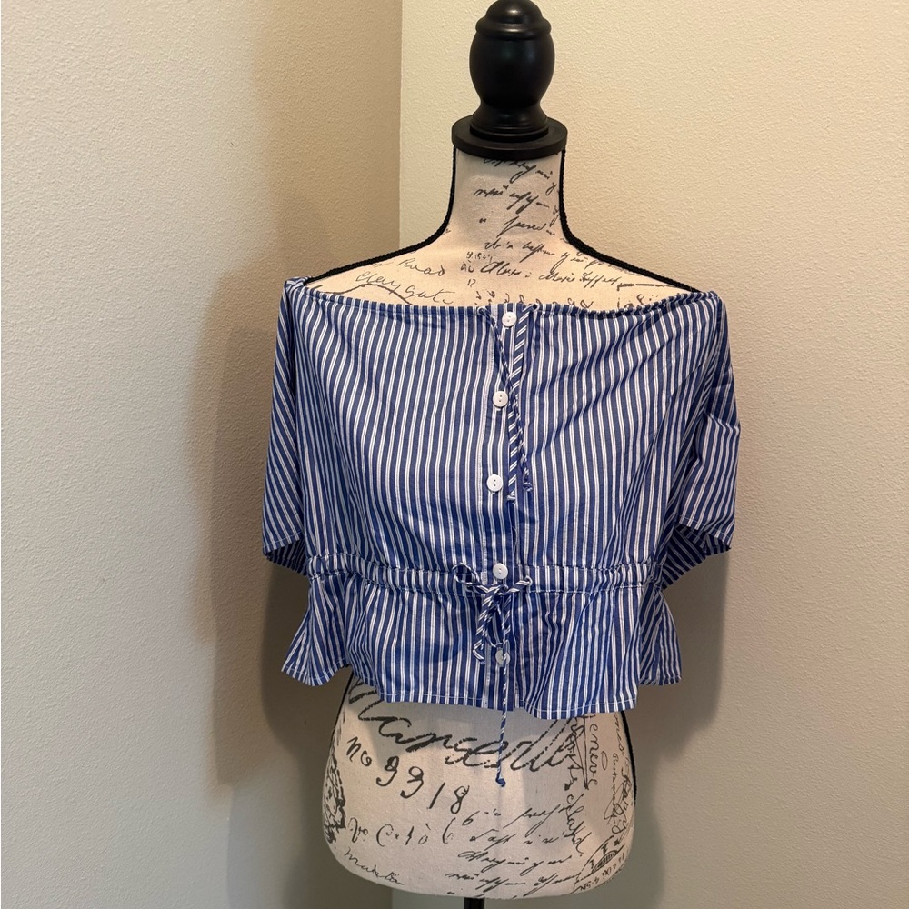 Chaser Blue and White Striped Off-Shoulder Blouse